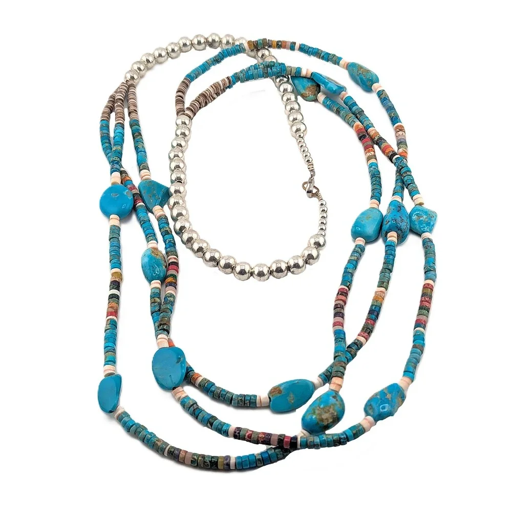 Vintage‎ Navajo Handmade Turquoise Necklace Silver Plated Beads